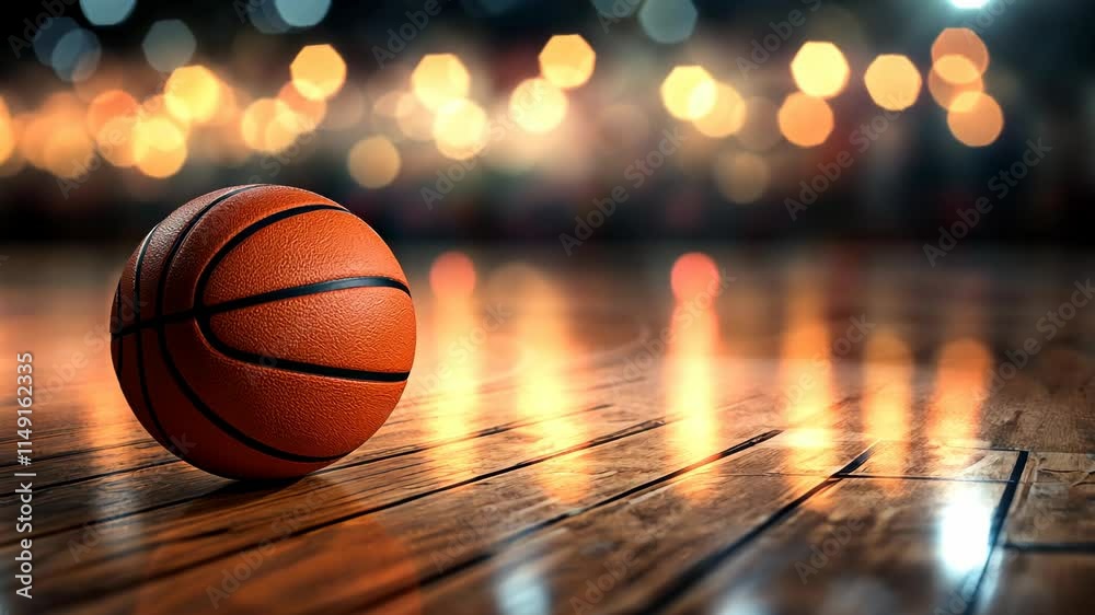 Basketball resting on a wooden court with blurred lights in the background during an indoor game evening