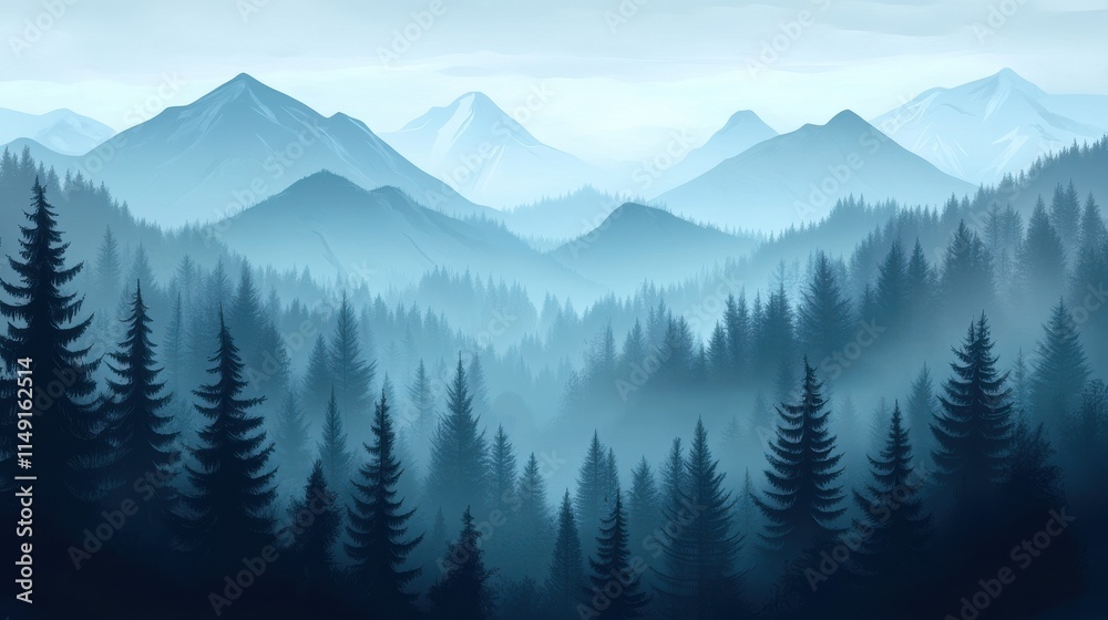 Fototapeta premium Serene Mountain Landscape with Mist and Pine Trees in Background