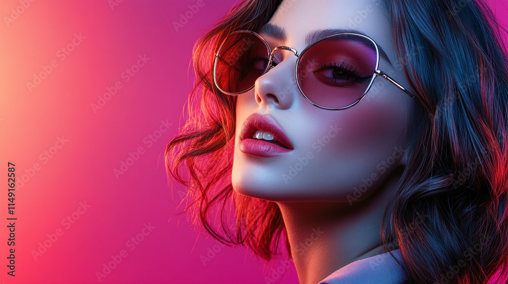 Obraz premium Side view portrait of beautiful young woman with brunette hair wearing sunglasses isolated. cool attractive lady girl model, pretty, glamour, trendy style, stylish.