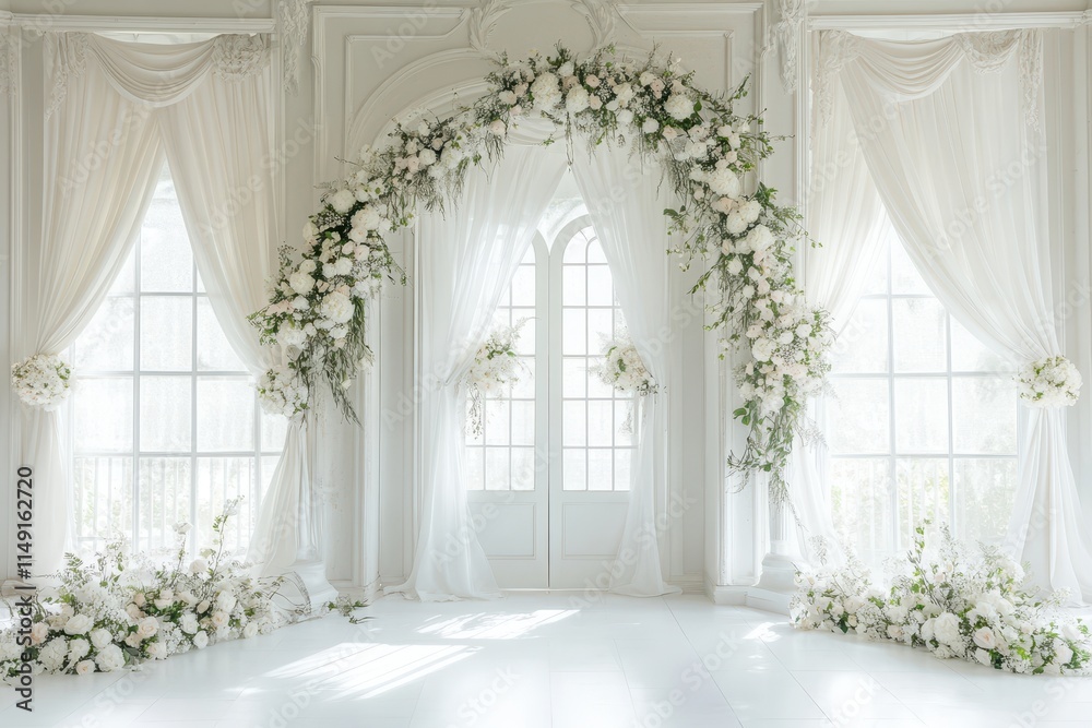 Fototapeta premium Wedding backdrop aesthetic indoor natural light window minimalist floral plant decoration background