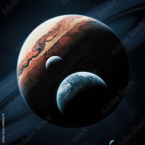 Space illustration with moon and planet in space rising over giant planet. Sci-fi space background illustration concept