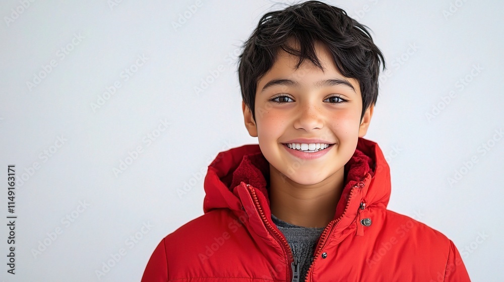 Happy Latino Teenager with Short Hair Smiling in Red Jacket Happy Latino Teenager with Short Hair Smiling in Red Jacket