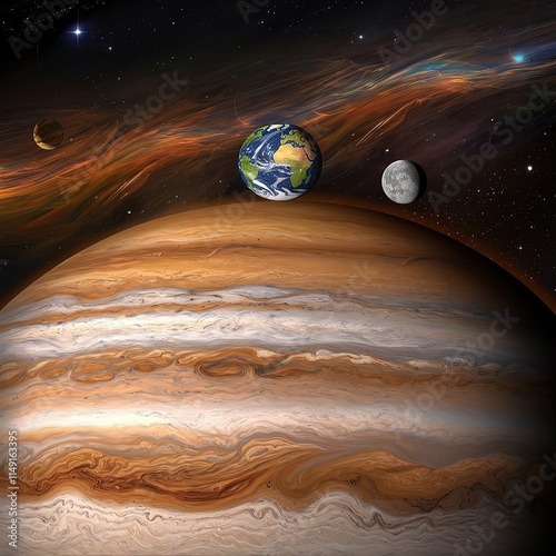 Space illustration with moon and planet in space rising over giant planet. Sci-fi space background illustration concept