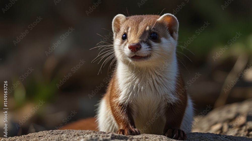 Curious weasel looking upwards from a rock. Curious weasel looking upwards from a rock.