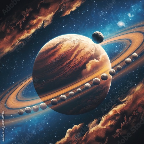 Space illustration with moon and planet in space rising over giant planet. Sci-fi space background illustration concept