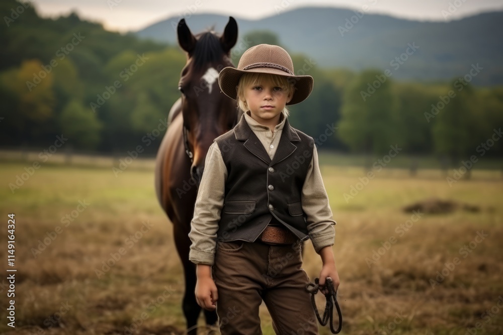Young boy with a horse in the field at sunset. Vintage style. Young boy with a horse in the field at sunset. Vintage style.