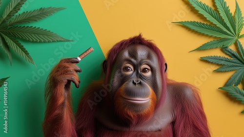 Orangutan Engaged with Cannabis Leaves and Cigar in a Colorful Setting photo