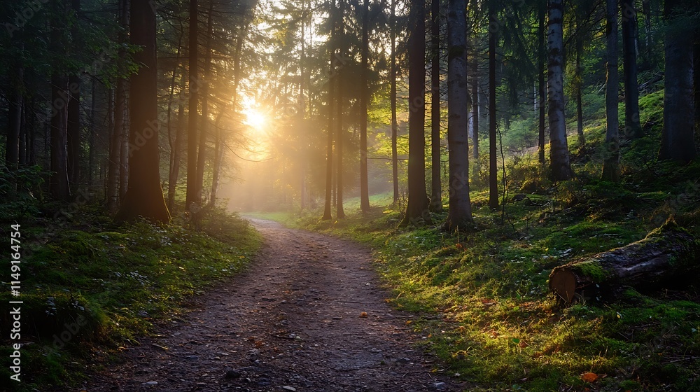 Fototapeta premium Sunrise Path in Misty Forest. Concept of tranquility, nature, and adventure.