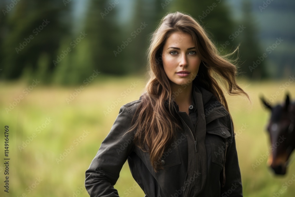 Portrait of a beautiful young brunette woman in a black jacket on the background of the forest. Portrait of a beautiful young brunette woman in a black jacket on the background of the forest.