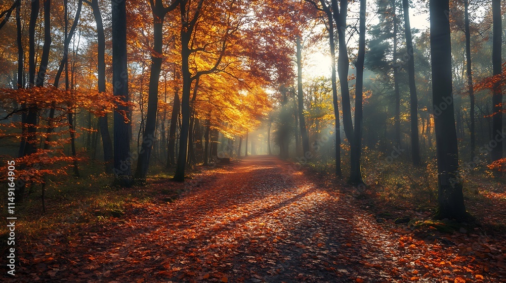 Fototapeta premium Autumn Forest Path, Sunlight and Fog. Concept of Tranquility, Nature, and Fall.