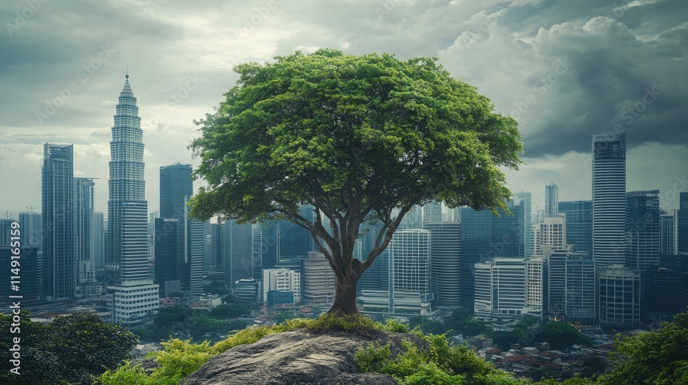 Fototapeta premium Green Tree Stands Tall Above City Skyline