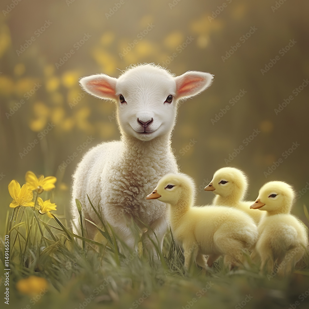 Obraz premium cute lamb stands proudly among three fluffy ducklings in sunny meadow filled with yellow flowers. scene radiates warmth and innocence, capturing essence of springtime
