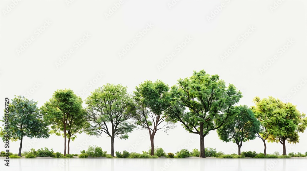 Obraz premium Lush Green Trees in a Row Against a White Background