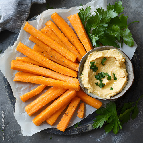 Fresh carrot sticks served with creamy hummus and garnished with herbs. This healthy snack is perfect for dipping and adds vibrant touch to any meal. Enjoy crunchy texture and rich flavor