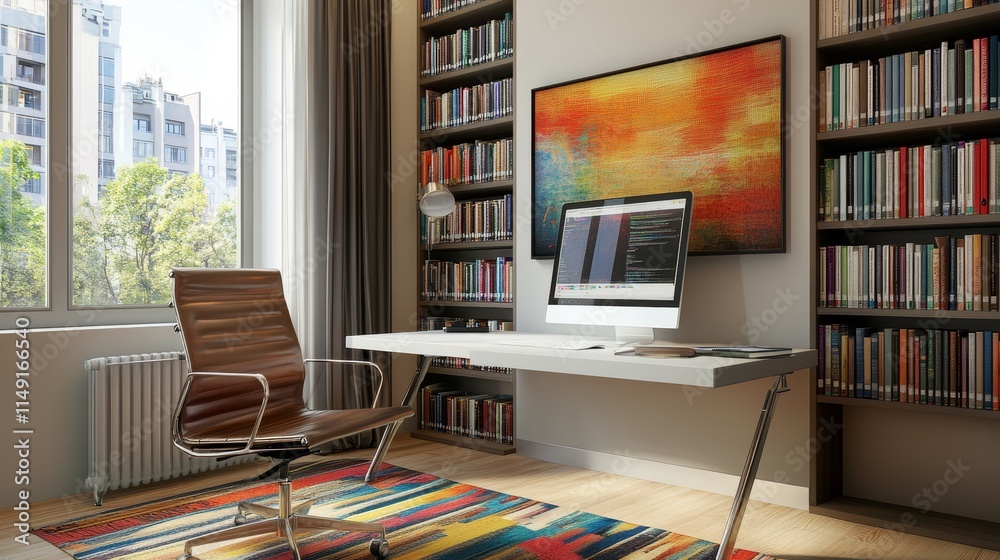 A modern office space featuring a desk, computer, and bookshelves for productivity. A modern office space featuring a desk, computer, and bookshelves for productivity.