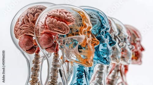 A group of human skulls and brains are displayed in a row. Generative AI