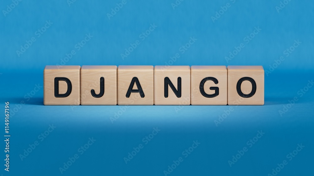 DJANGO word text from wooden cube block letters.close up of wooden elements,Business Concept.3D rendering on blue background. DJANGO word text from wooden cube block letters.close up of wooden elements,Business Concept.3D rendering on blue background.