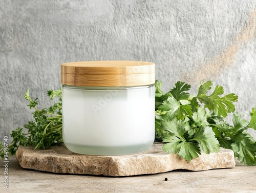 Bamboo jar with a frosted glass base and flat wooden lid, set on a rustic stone backdrop with fresh herbs photo