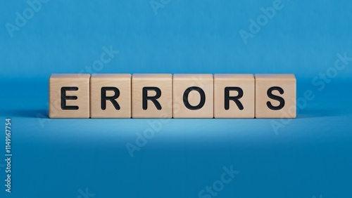 errors word concept. wooden cubes.close up of wooden elements,Business Concept.3D rendering on blue background. 