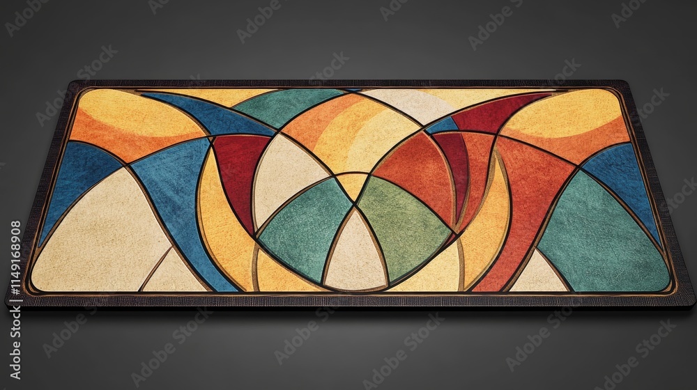 Fototapeta premium A colorful geometric rug featuring interlocking shapes and vibrant hues.
