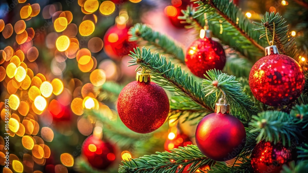 Macro Christmas Tree Red Ornaments Festive Holiday Closeup Photography