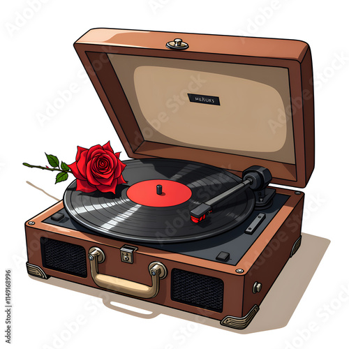 Vintage turntable with a rose  a charming blend of music and nature s beauty, digital illustration of still life concept. photo