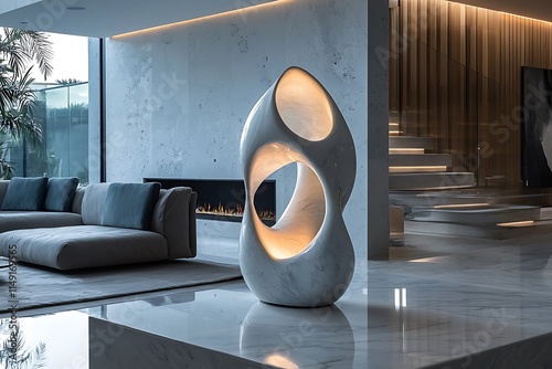 Recessed lighting highlighting modern art sculptures in a luxury penthouse living room