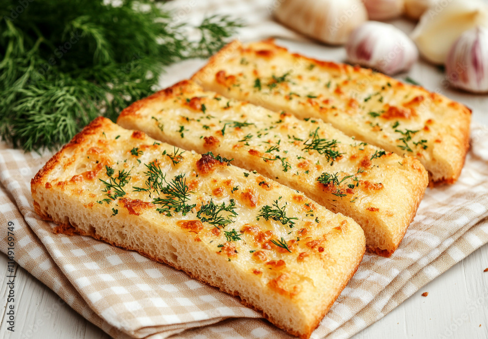 Golden Garlic Bread and Spices on Beige Napkin Golden Garlic Bread and Spices on Beige Napkin