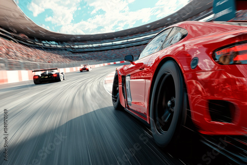 A dynamic shot capturing a red race car speeding along a track during an intense race, emphasizing speed, competition, and motor sports excitement.