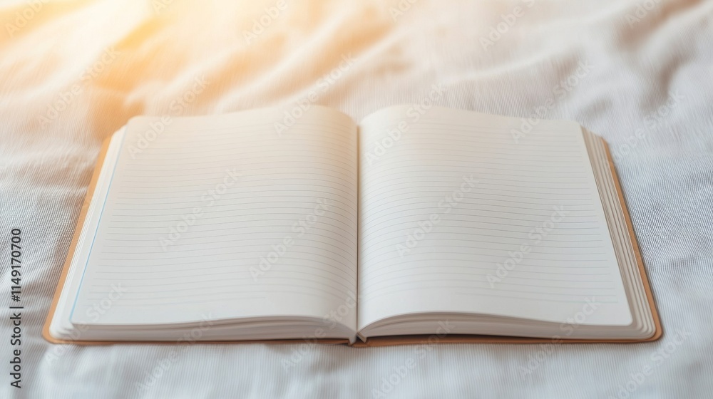 Fototapeta premium Sunrise Light Over Open Notebook on Soft Surface