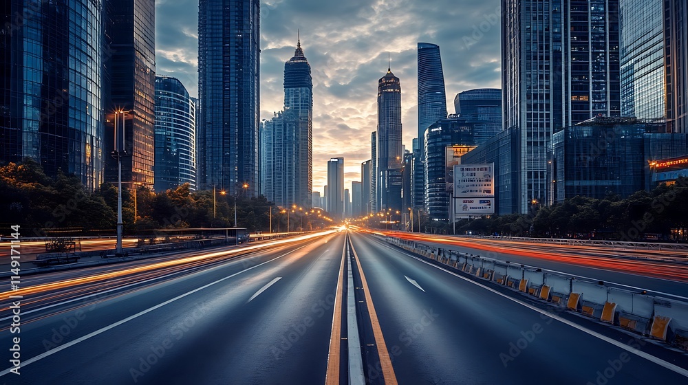 Obraz premium City highway at sunset. Urban landscape, transportation, and modern architecture.