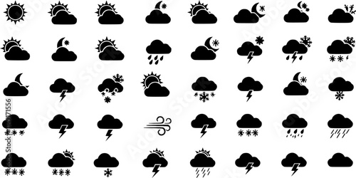 Weather icons. Weather forecast icon set. Clouds logo. Weather , clouds, sunny day, moon, snowflakes, wind, sun day. Vector illustration.