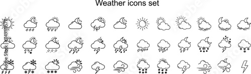 Weather icons. Weather forecast icon set. Clouds logo. Weather , clouds, sunny day, moon, snowflakes, wind, sun day. Vector illustration.