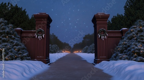 A serene winter scene featuring a grand entrance gate adorned with holiday wreaths, flanked by snow-covered trees and a softly lit pathway under a starlit sky. photo