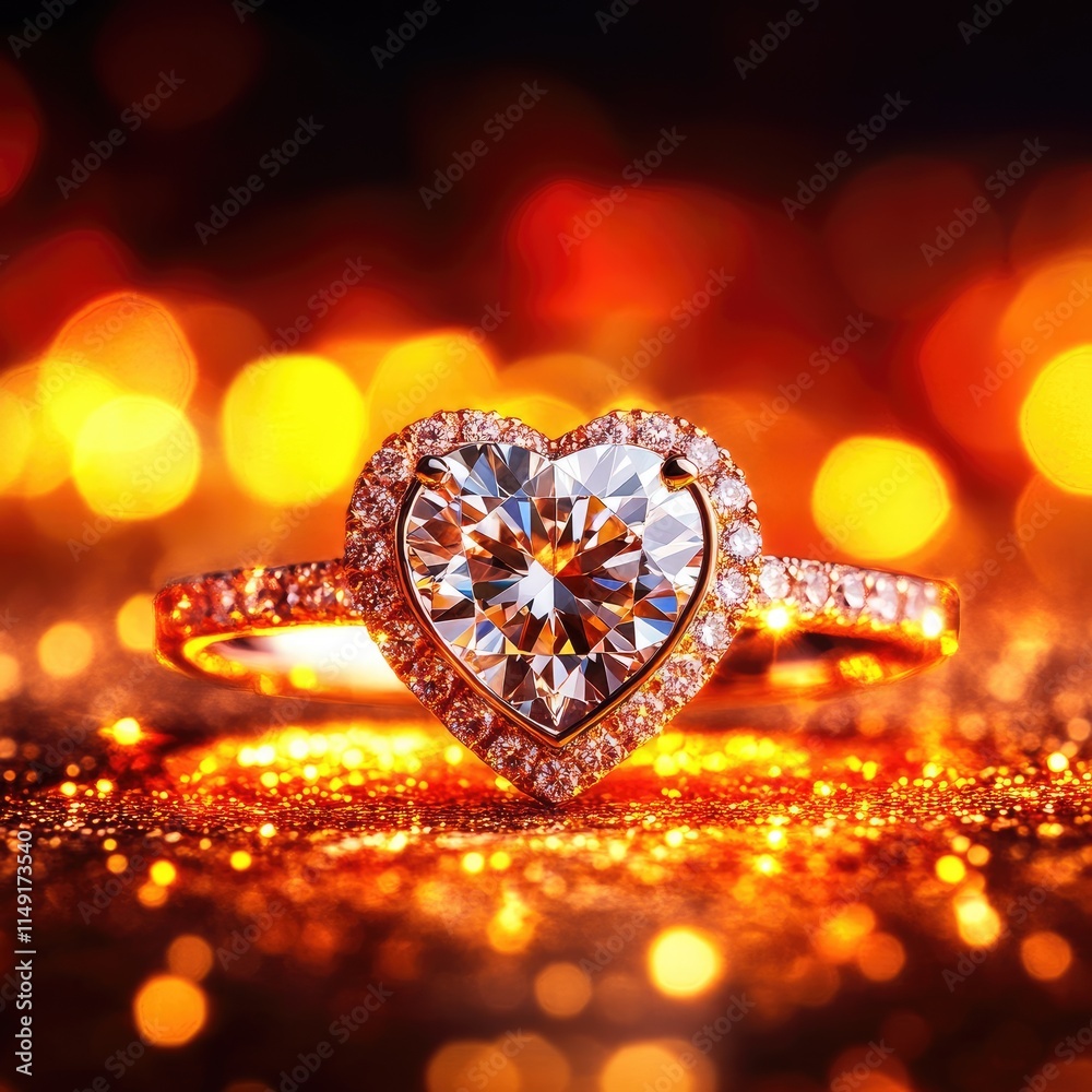 Fototapeta premium A glamorous Valentine's poster featuring a sparkling diamond ring in a heart-shaped box, surrounded by golden glitter and roses, space for the text, elegant letters --profile remrabs