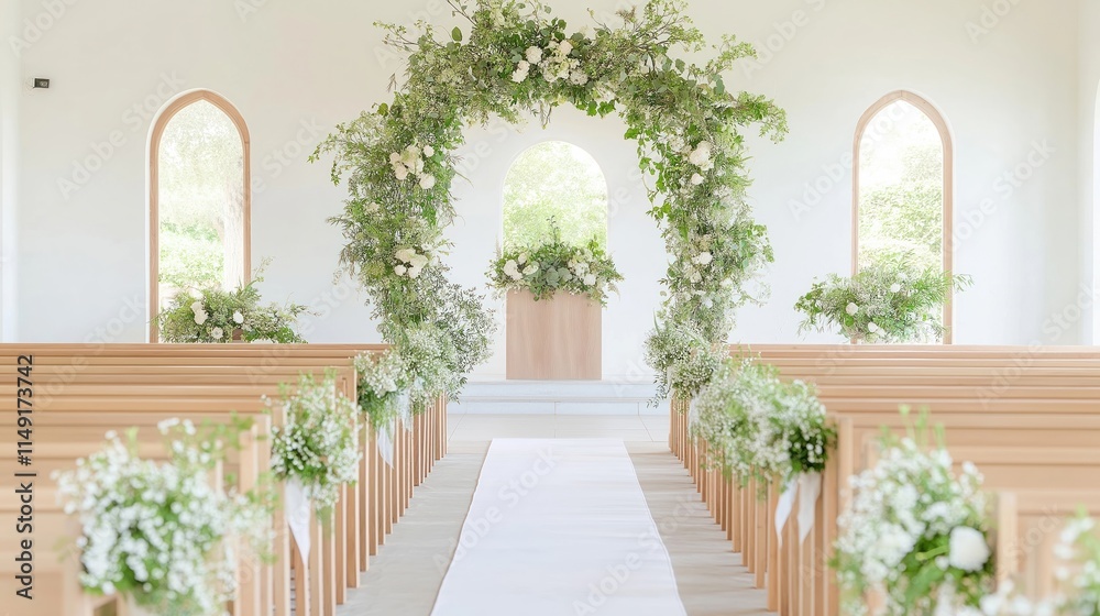 Fototapeta premium Serene wedding chapel aisle decorated with fresh white flowers, green plants. Wooden pews line aisle covered with white carpet. Archway adorned with flowers, plants creates beautiful, romantic