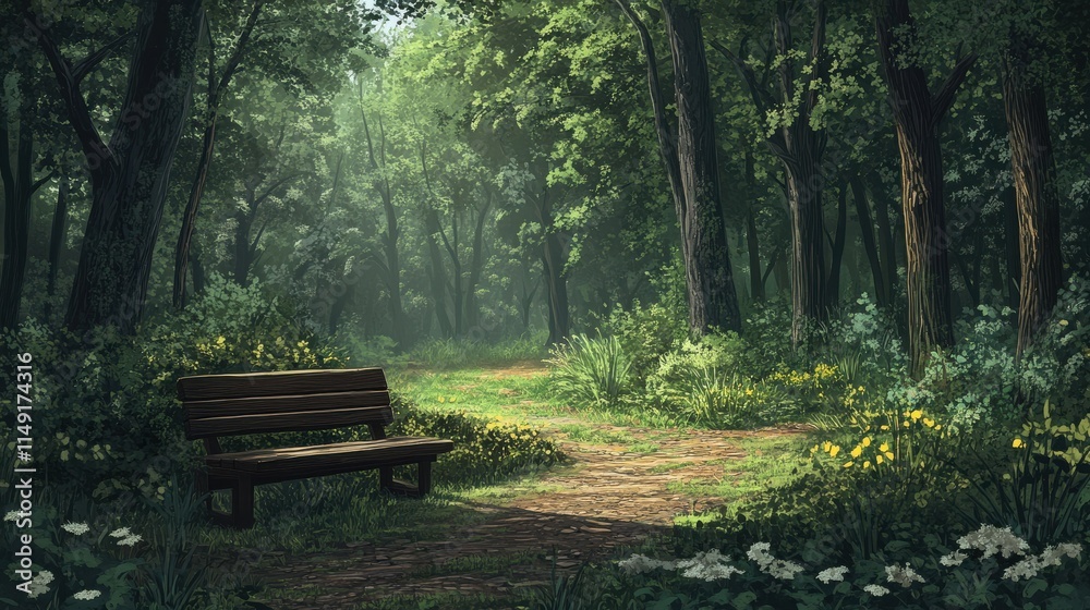 Tranquil Forest Path with Wooden Bench Surrounded by Lush Foliage