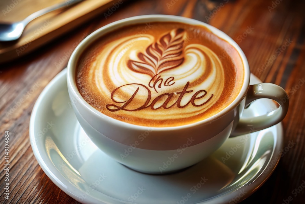 Macro Latte Art: Save The Date Coffee Cup Message - Wedding Invitation Concept Stock Photo Macro Latte Art: Save The Date Coffee Cup Message - Wedding Invitation Concept Stock Photo
