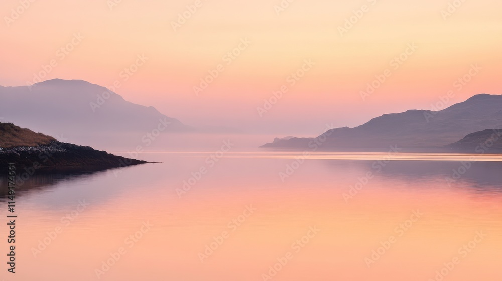 Serene Landscape at Dawn with Soft Colors and Calm Water Reflections Serene Landscape at Dawn with Soft Colors and Calm Water Reflections