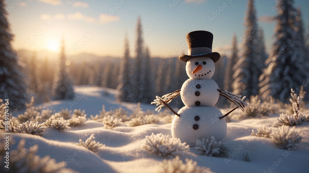 Obraz premium Cheerful snowman with orange scarf and black hat standing in a snowy forest with twilight sky and pine trees