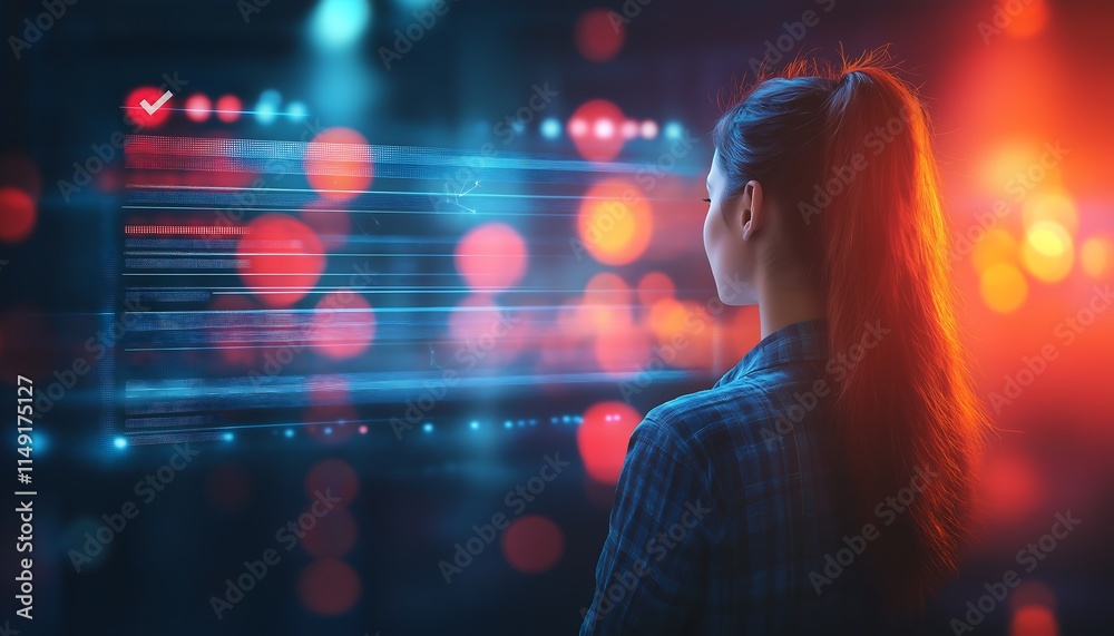 Businesswoman Showcasing a Glowing Floating Checklist with Vivid Tick Marks and Futuristic Interface Design Against a Dark Professional Background for Corporate Productivity and Technology Visuals Businesswoman Showcasing a Glowing Floating Checklist with Vivid Tick Marks and Futuristic Interface Design Against a Dark Professional Background for Corporate Productivity and Technology Visuals