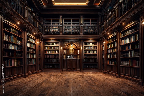 Rich mahogany wood panels covering the walls a luxury library, illuminated by recessed lighting