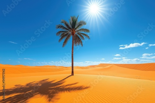 Solitary palm tree stands in sunny oasis amidst vast desert landscape. Bright sunlit sky above. Warm sand dunes stretch into distance. Tranquil scene. Remote, peaceful oasis in hot desert environment.