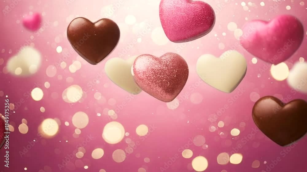 Floating Heart Shaped Chocolate Animation with Pink Sparkling Background for Valentine's Day. Floating Heart Shaped Chocolate Animation with Pink Sparkling Background for Valentine's Day.