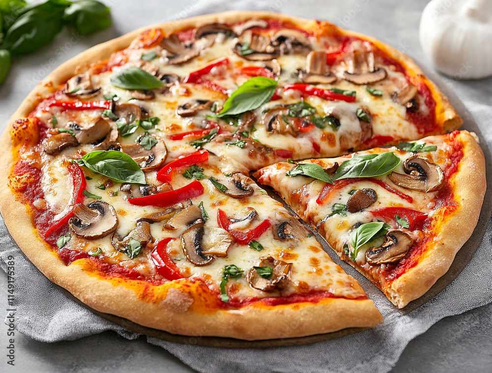 Freshly Baked Pizza with Mushrooms and Peppers Freshly Baked Pizza with Mushrooms and Peppers
