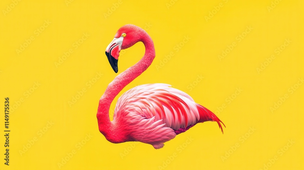 Fototapeta premium Graceful Pink Flamingo Standing Against Bright Yellow Background