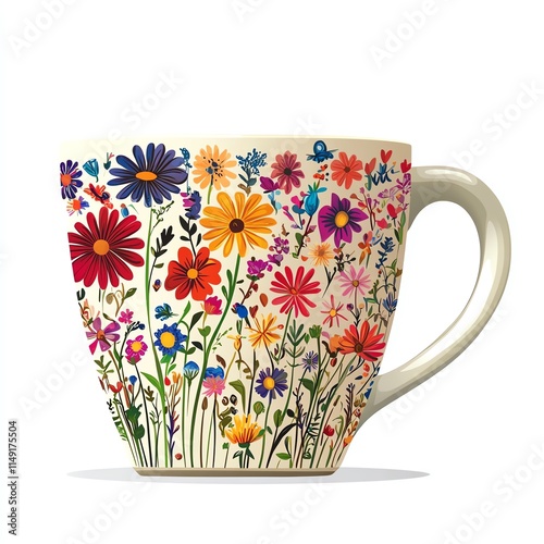 A beautifully designed cup adorned with colorful flowers, perfect for tea or coffee. photo