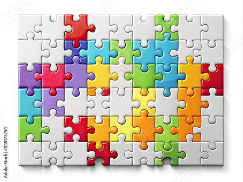 A clean, white, assembled jigsaw puzzle mockup; high-resolution PNG with blank pieces, isolated.