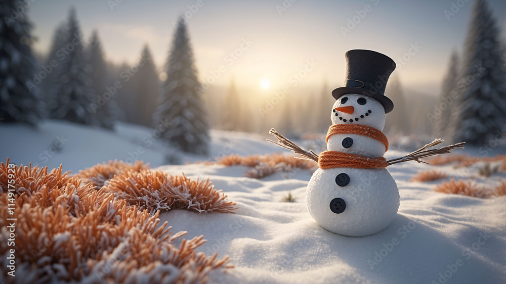 Obraz premium Snowman in black hat and orange scarf standing on snowy path surrounded by snow-covered pine trees in twilight landscape