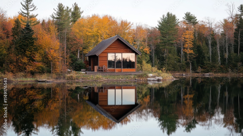 Cozy Cabin Surrounded by Autumn Foliage and Calm Reflection Cozy Cabin Surrounded by Autumn Foliage and Calm Reflection